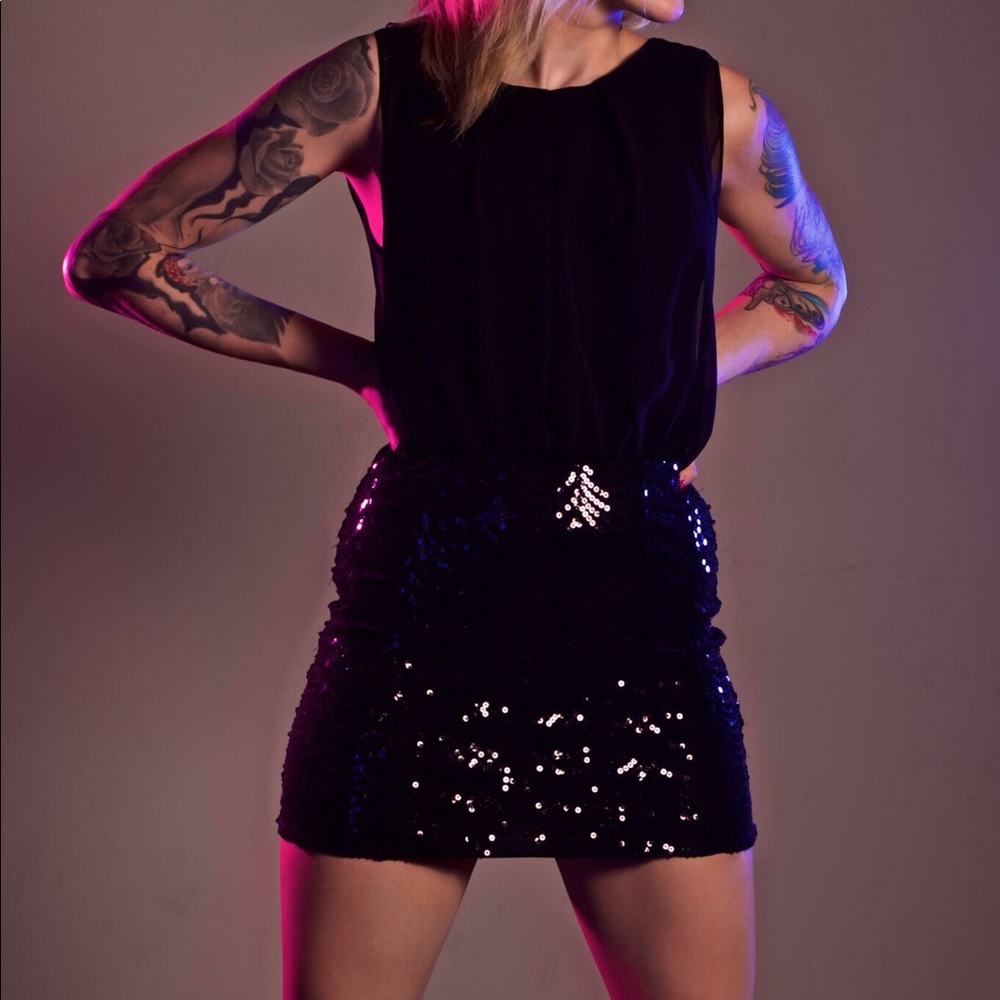 Black sequined dress, good for New Years Eve